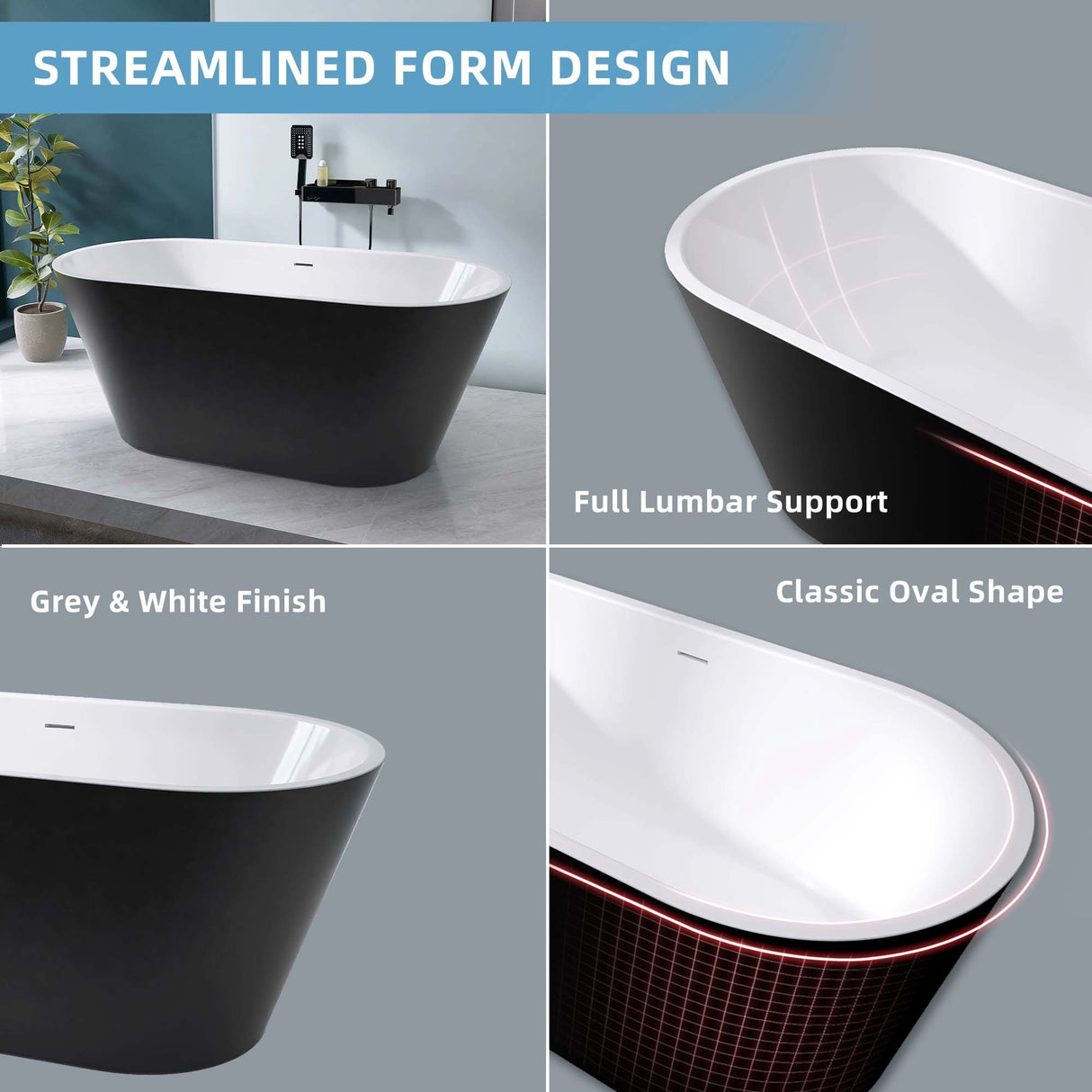 67" Acrylic Freestanding Bathtub, Matte Black Modern Stand Alone Soaking Bathtub, Brushed Nickel Drain and Minimalist Linear Design Overflow Included Easy to Install