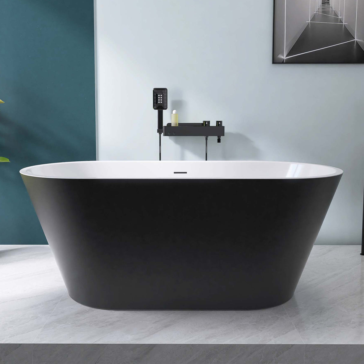 67" Acrylic Freestanding Bathtub, Matte Black Modern Stand Alone Soaking Bathtub, Brushed Nickel Drain and Minimalist Linear Design Overflow Included Easy to Install