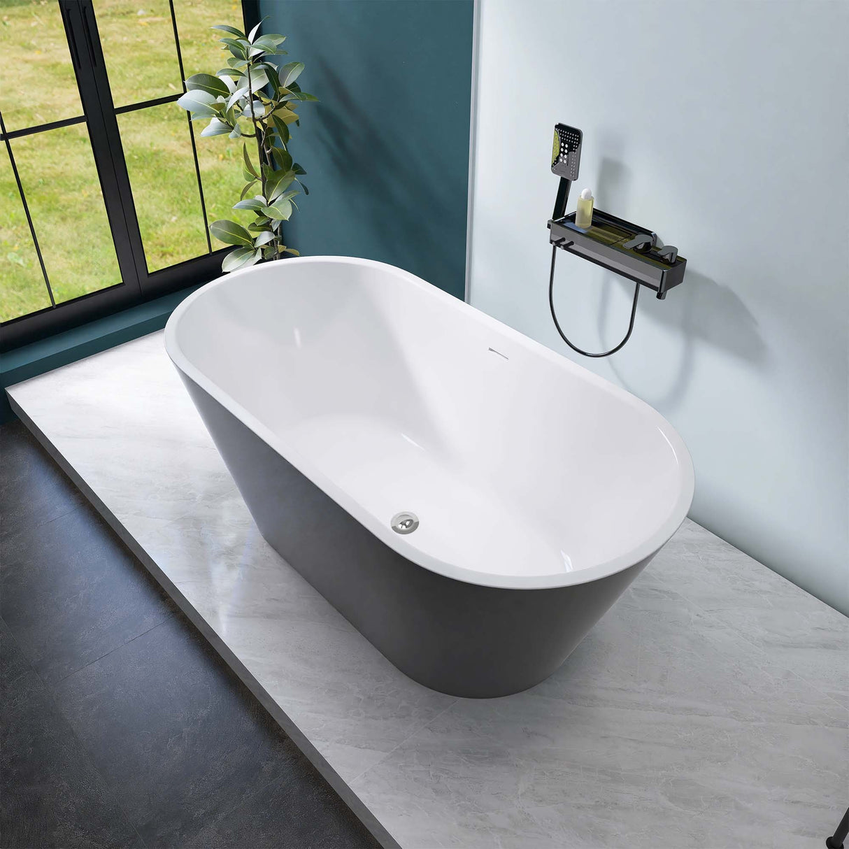 67" Acrylic Freestanding Bathtub, Matte Black Modern Stand Alone Soaking Bathtub, Brushed Nickel Drain and Minimalist Linear Design Overflow Included Easy to Install