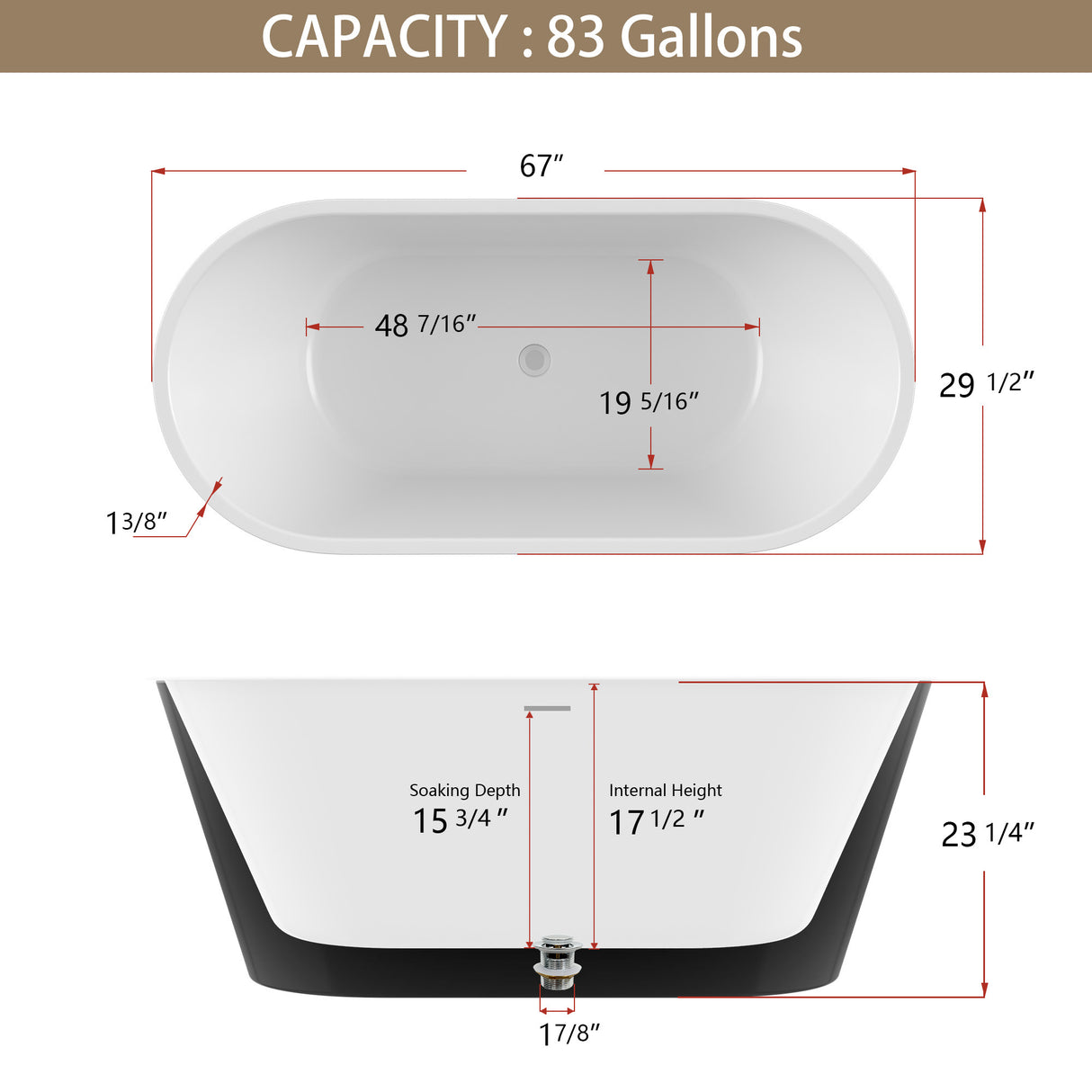 67" Acrylic Freestanding Bathtub, Matte Black Modern Stand Alone Soaking Bathtub, Brushed Nickel Drain and Minimalist Linear Design Overflow Included Easy to Install
