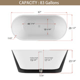67" Acrylic Freestanding Bathtub, Matte Black Modern Stand Alone Soaking Bathtub, Brushed Nickel Drain and Minimalist Linear Design Overflow Included Easy to Install