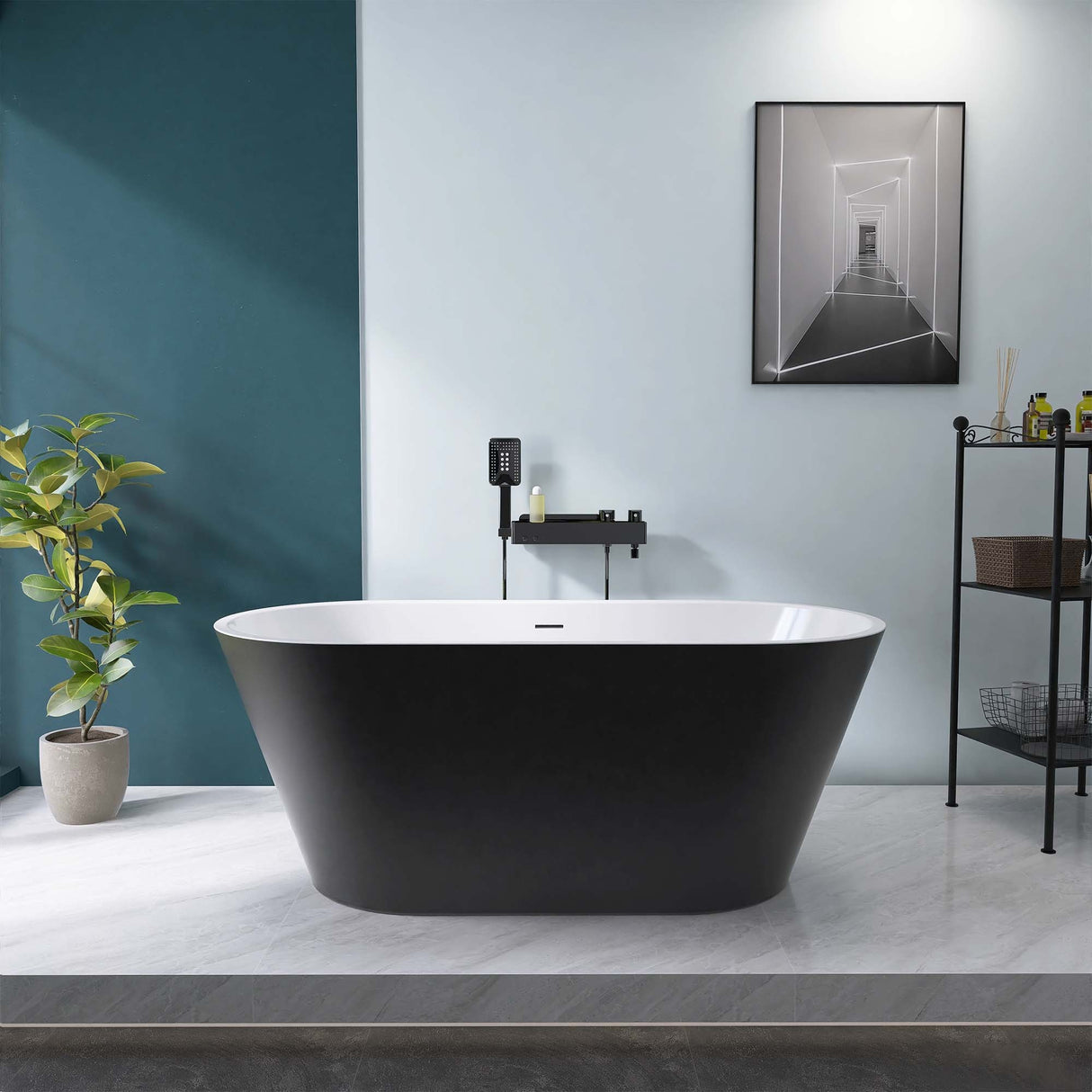 67" Acrylic Freestanding Bathtub, Matte Black Modern Stand Alone Soaking Bathtub, Brushed Nickel Drain and Minimalist Linear Design Overflow Included Easy to Install