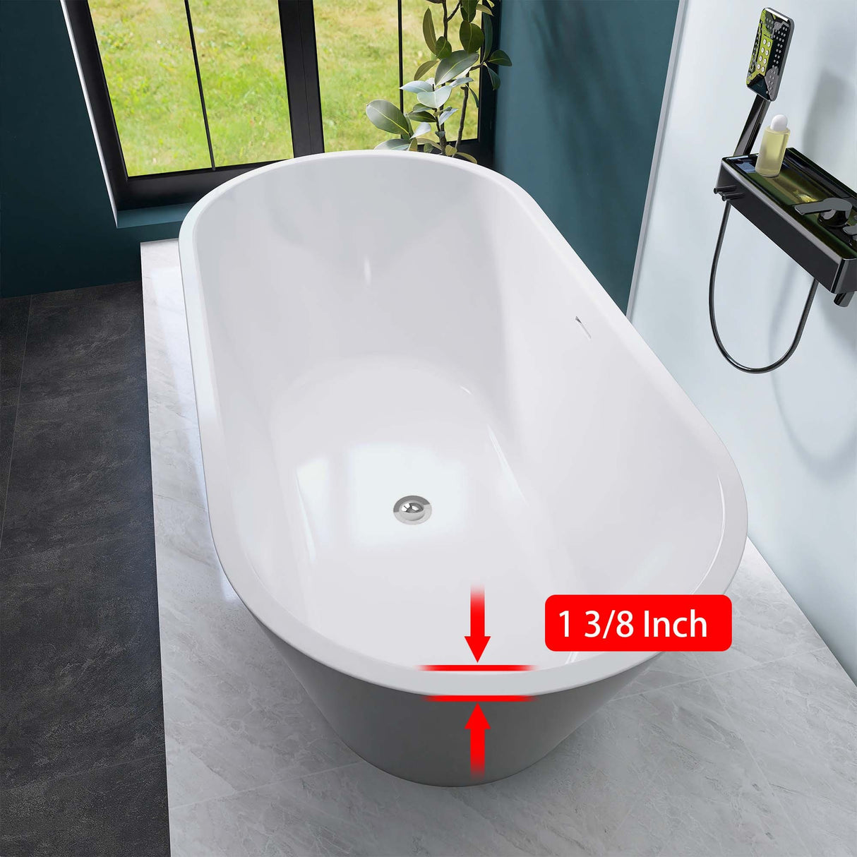 67" Acrylic Freestanding Bathtub, Matte Black Modern Stand Alone Soaking Bathtub, Brushed Nickel Drain and Minimalist Linear Design Overflow Included Easy to Install
