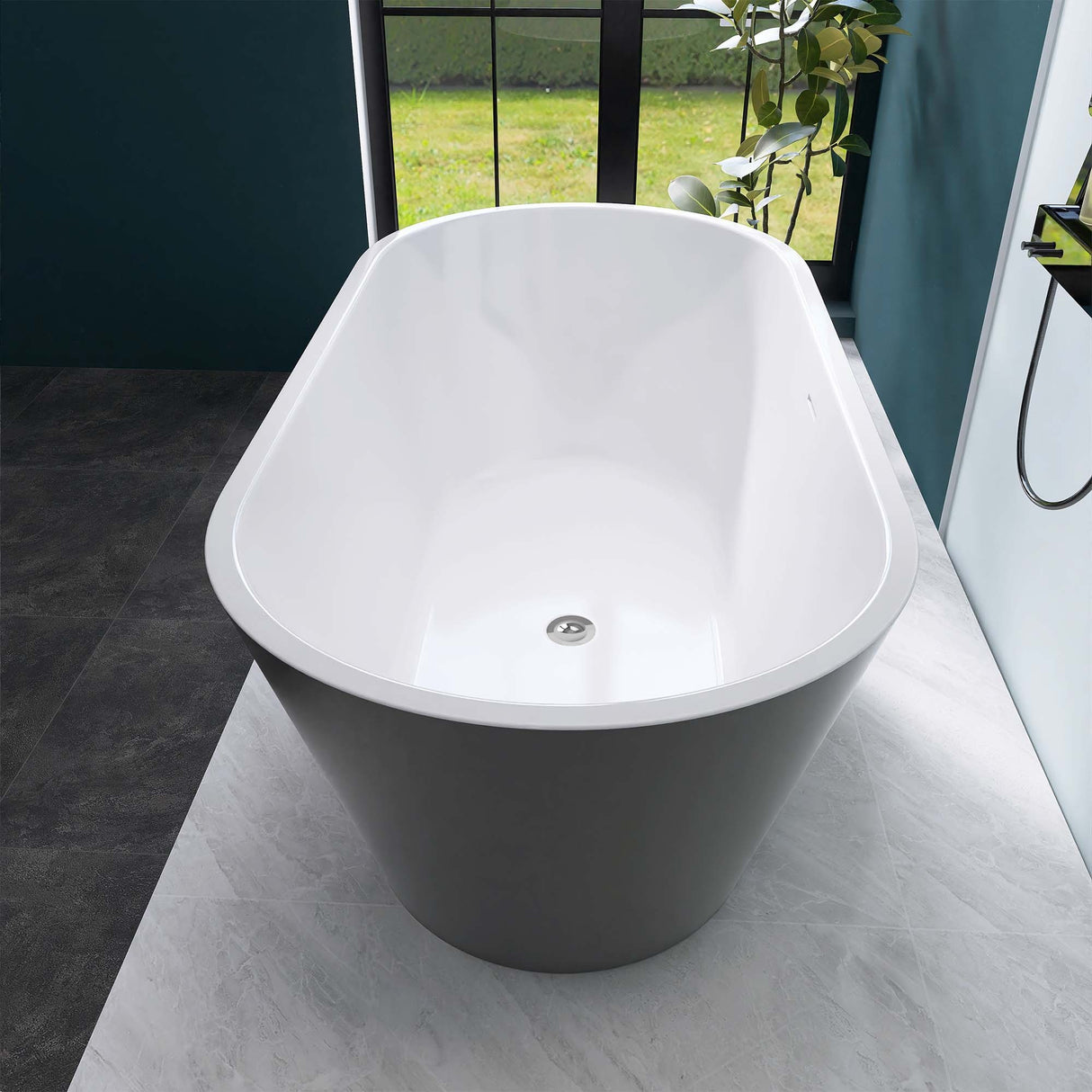 67" Acrylic Freestanding Bathtub, Matte Black Modern Stand Alone Soaking Bathtub, Brushed Nickel Drain and Minimalist Linear Design Overflow Included Easy to Install