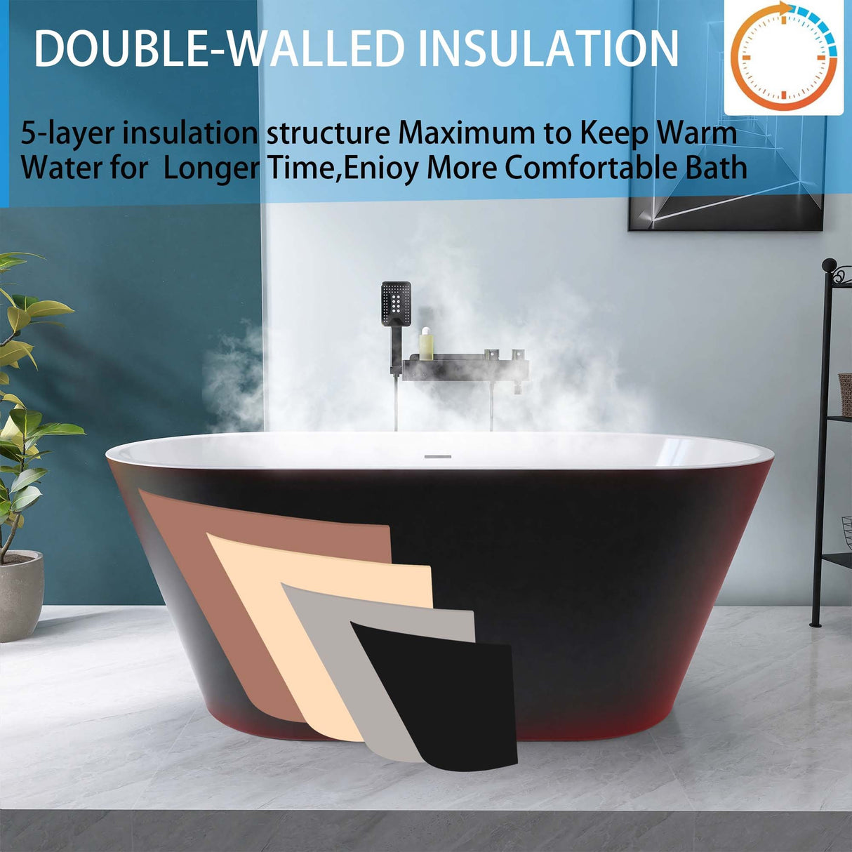 67" Acrylic Freestanding Bathtub, Matte Black Modern Stand Alone Soaking Bathtub, Brushed Nickel Drain and Minimalist Linear Design Overflow Included Easy to Install