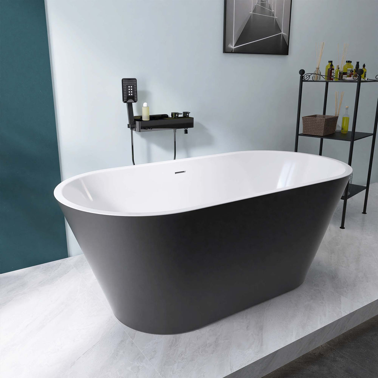 67" Acrylic Freestanding Bathtub, Matte Black Modern Stand Alone Soaking Bathtub, Brushed Nickel Drain and Minimalist Linear Design Overflow Included Easy to Install