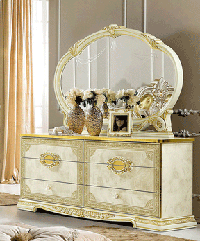 Leonardo Double Dresser With Mirror Set In Ivory-Gold - Leonardodresser-M | ESF