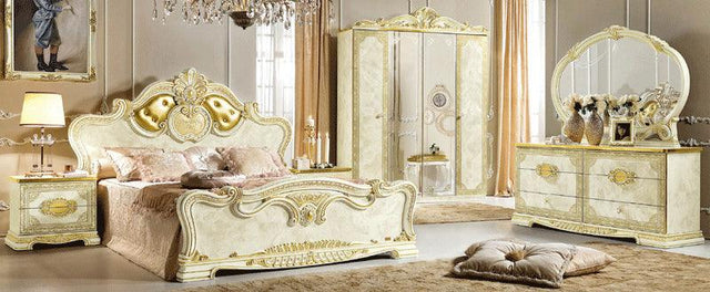 Esf Furniture - Leonardo 5 Piece Bedroom Queen Panel Bed Set In Ivory-Gold - Leonardobedq.S-5Set