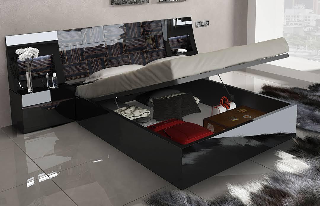 Esf Furniture - Marbella Queen Platform With Storage Bed In Glossy Black - Marbella-Qb-Blk