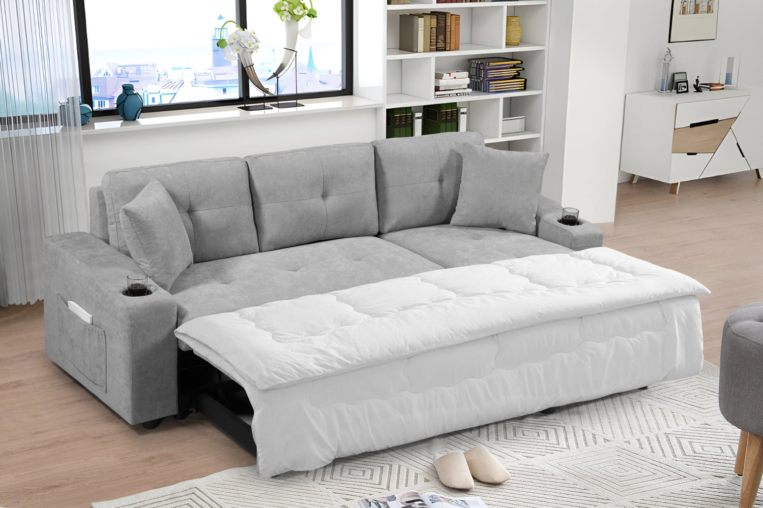 MEGA convertible corner sofa with armrest storage, living room and apartment sectional sofa, right chaise longue and grey