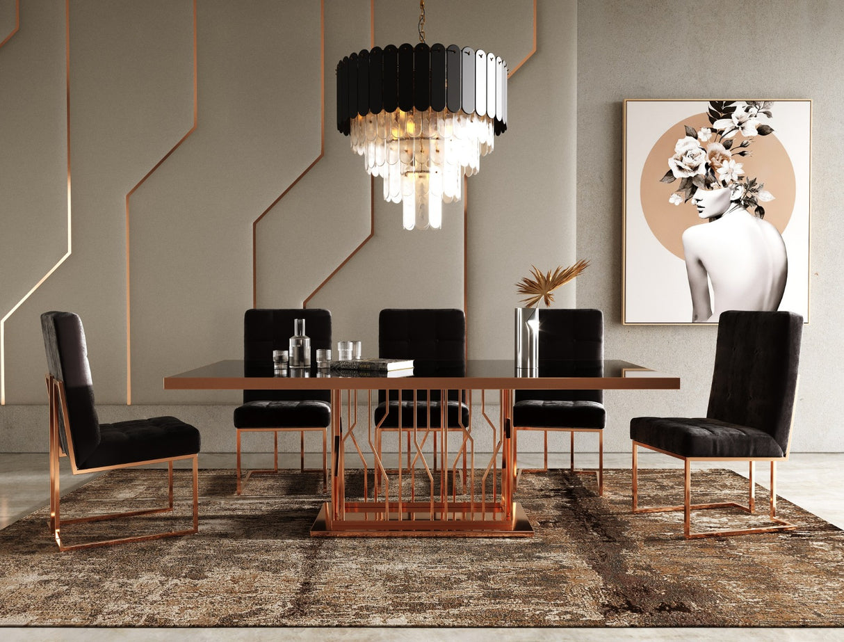 Vig Furniture Modrest Marston Modern Black Glass & Rosegold Dining Table