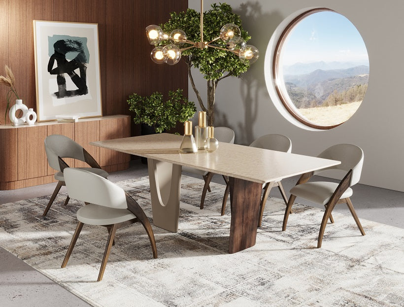 Vig Furniture Modrest Brianna - Contemporary Marble and Cream/Walnut Dining Table