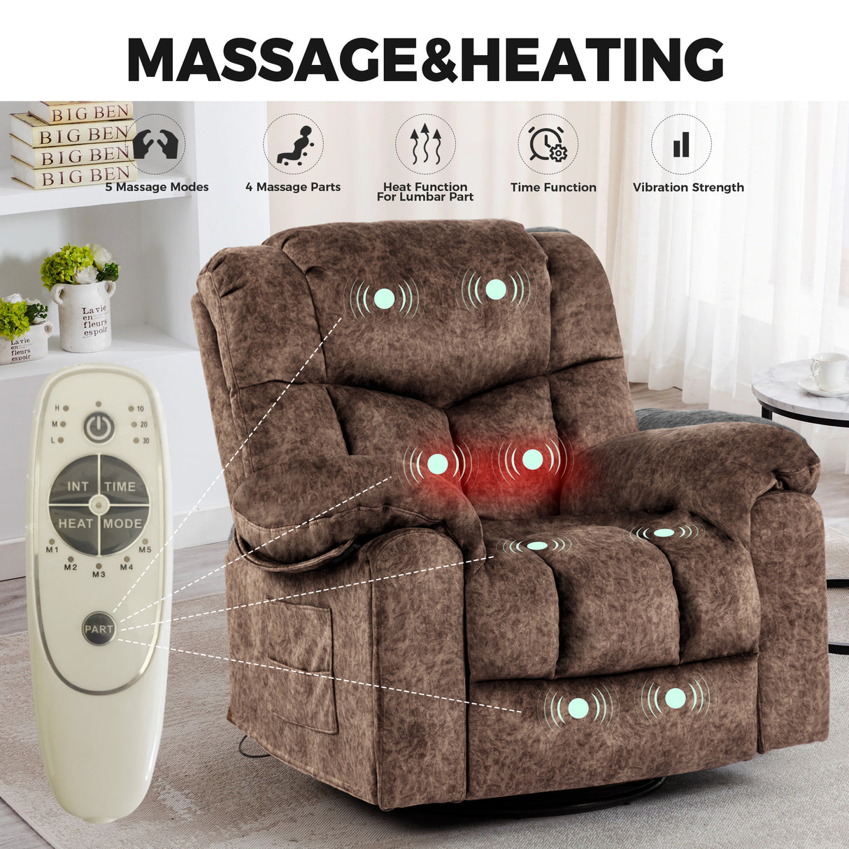 Swivel and Rocking Recliner Chair with Massage and Heating Bonded Leather Sofa Home Elegance USA