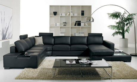 Vig Furniture T35 - Modern Black Genuine Leather Sectional Sofa with Light