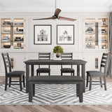 TREXM Dining Room Table and Chairs with Bench, Rustic Wood Dining Set, Set of 6 (Gray) - Home Elegance USA