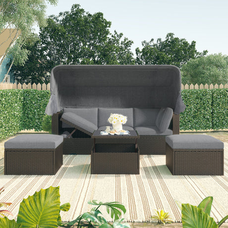 U_Style Outdoor Patio Rectangle Daybed with Retractable Canopy,  Wicker Furniture Sectional Seating with Washable Cushions, Backyard, Porch（As same as WY000263AAE） - Home Elegance USA