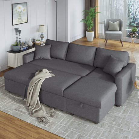 U_STYLE Upholstery  Sleeper Sectional Sofa Grey with Storage Space, 2 Tossing Cushions - Home Elegance USA