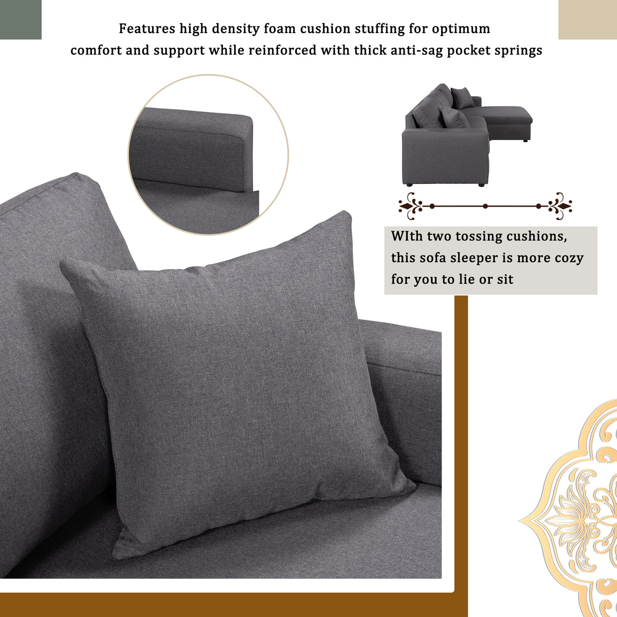 U_STYLE Upholstery  Sleeper Sectional Sofa Grey with Storage Space, 2 Tossing Cushions - Home Elegance USA