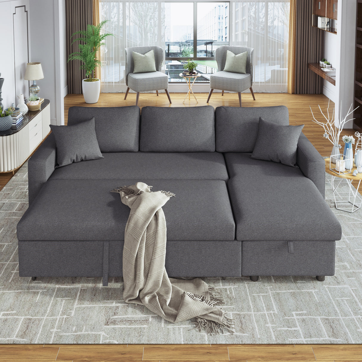 U_STYLE Upholstery  Sleeper Sectional Sofa Grey with Storage Space, 2 Tossing Cushions - Home Elegance USA