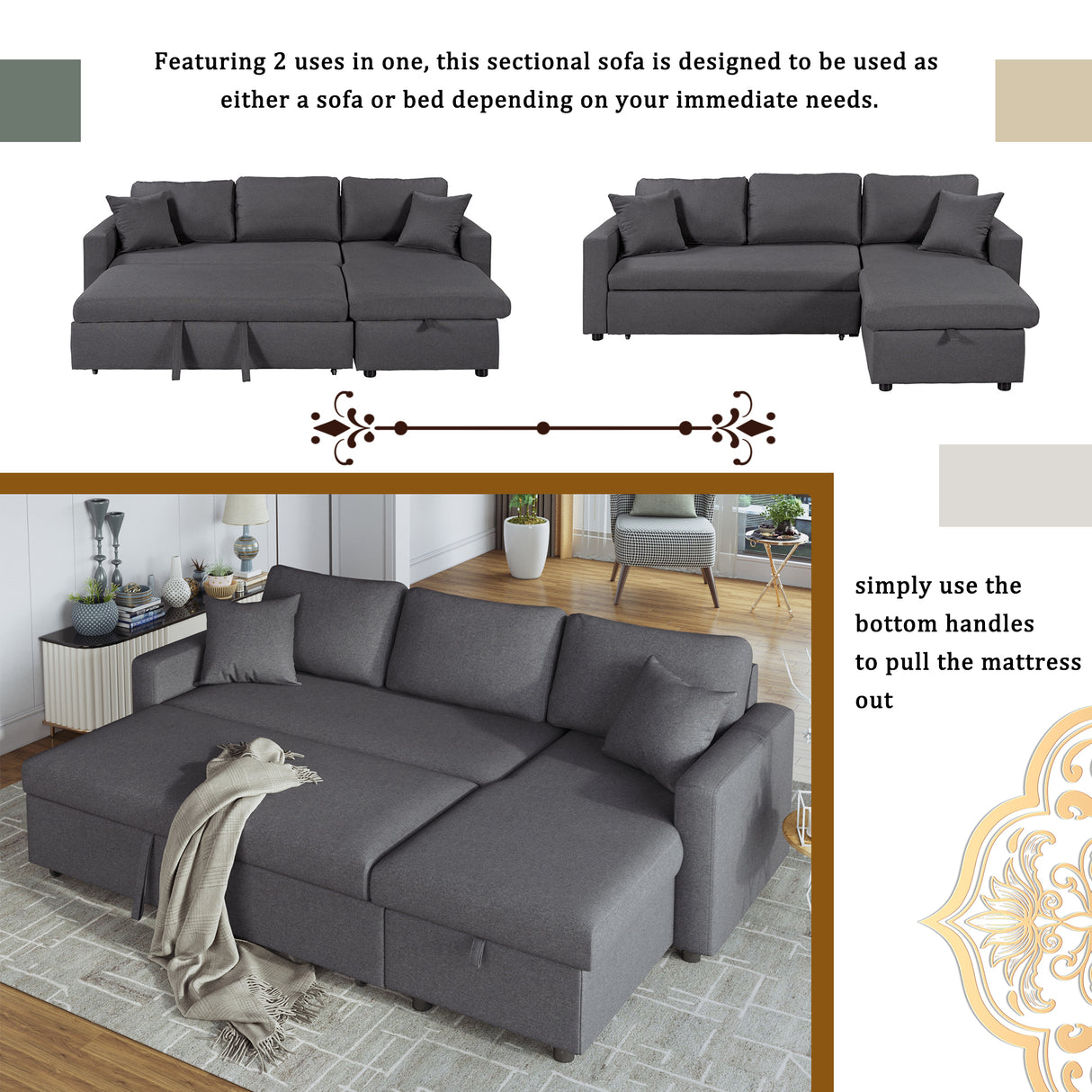U_STYLE Upholstery  Sleeper Sectional Sofa Grey with Storage Space, 2 Tossing Cushions - Home Elegance USA