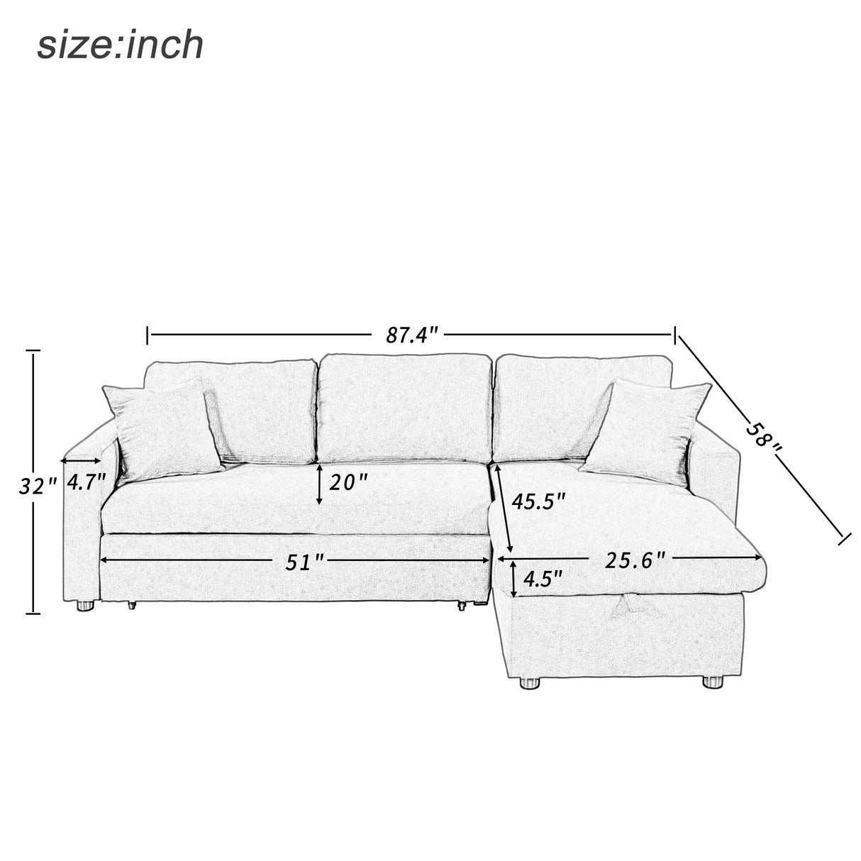 U_STYLE Upholstery  Sleeper Sectional Sofa Grey with Storage Space, 2 Tossing Cushions - Home Elegance USA