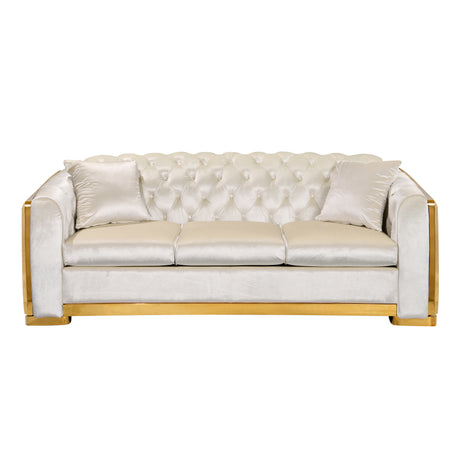 Velvet Luxury Chesterfield Sofa Set, 84 Inches Tufted 3 Seat Couch with Gold Stainless for Living Room, Beige Fabric