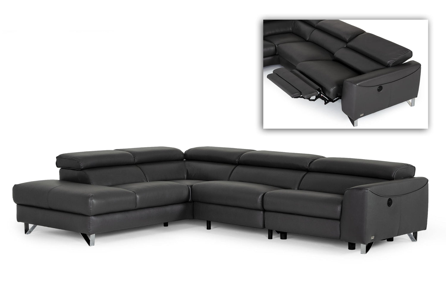 Vig Furniture Divani Casa Versa - Modern Grey Teco Leather LAF Chaise Sectional with Recliner