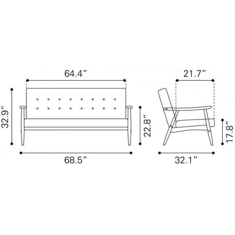 Rocky Sofa Faux Leather 3-Seater Tufted Cushions & Wood Frame | Zuo Modern